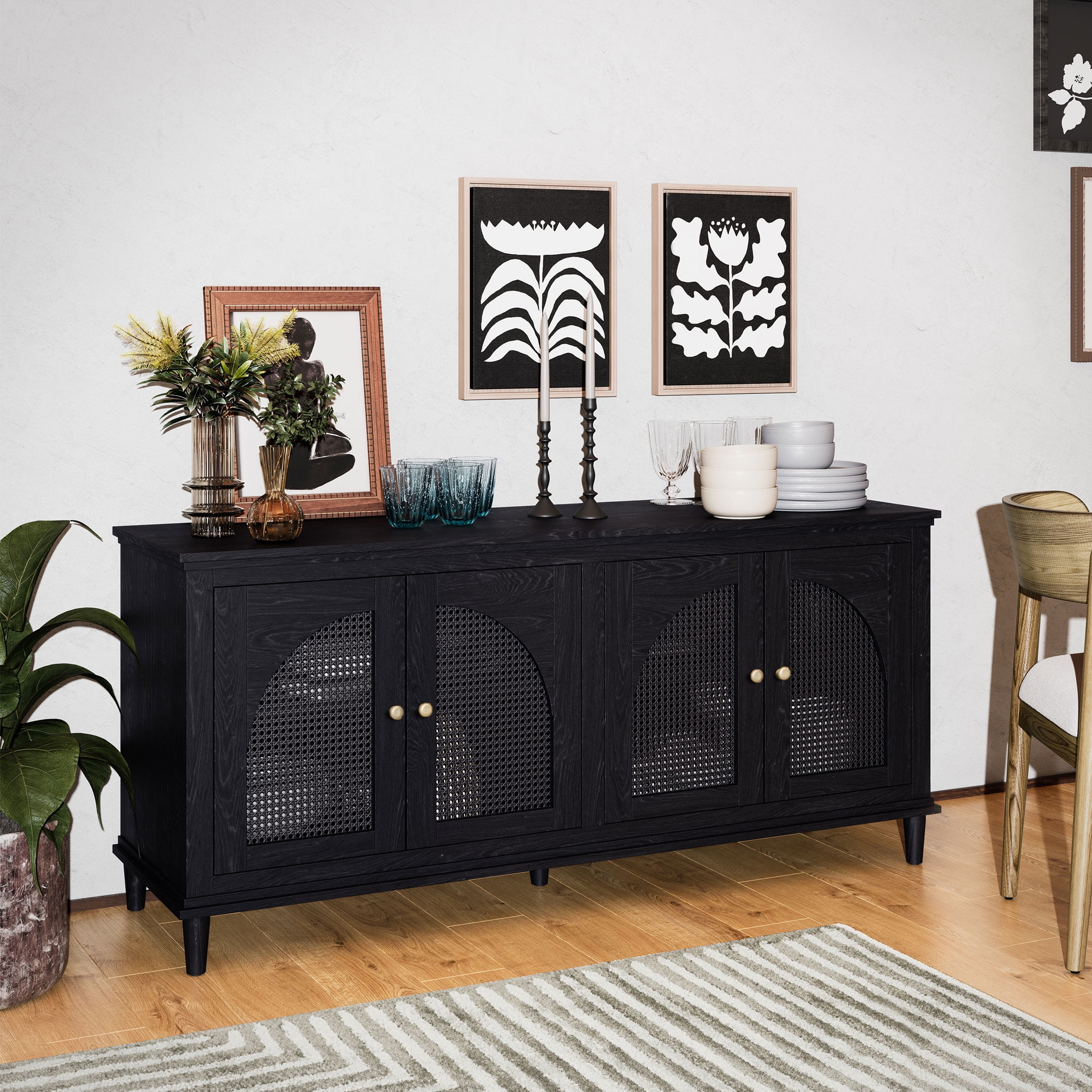 Drew Rattan 4-Door Buffet Sideboard by Drew , 2 Adjustable Shelves, Black Finish