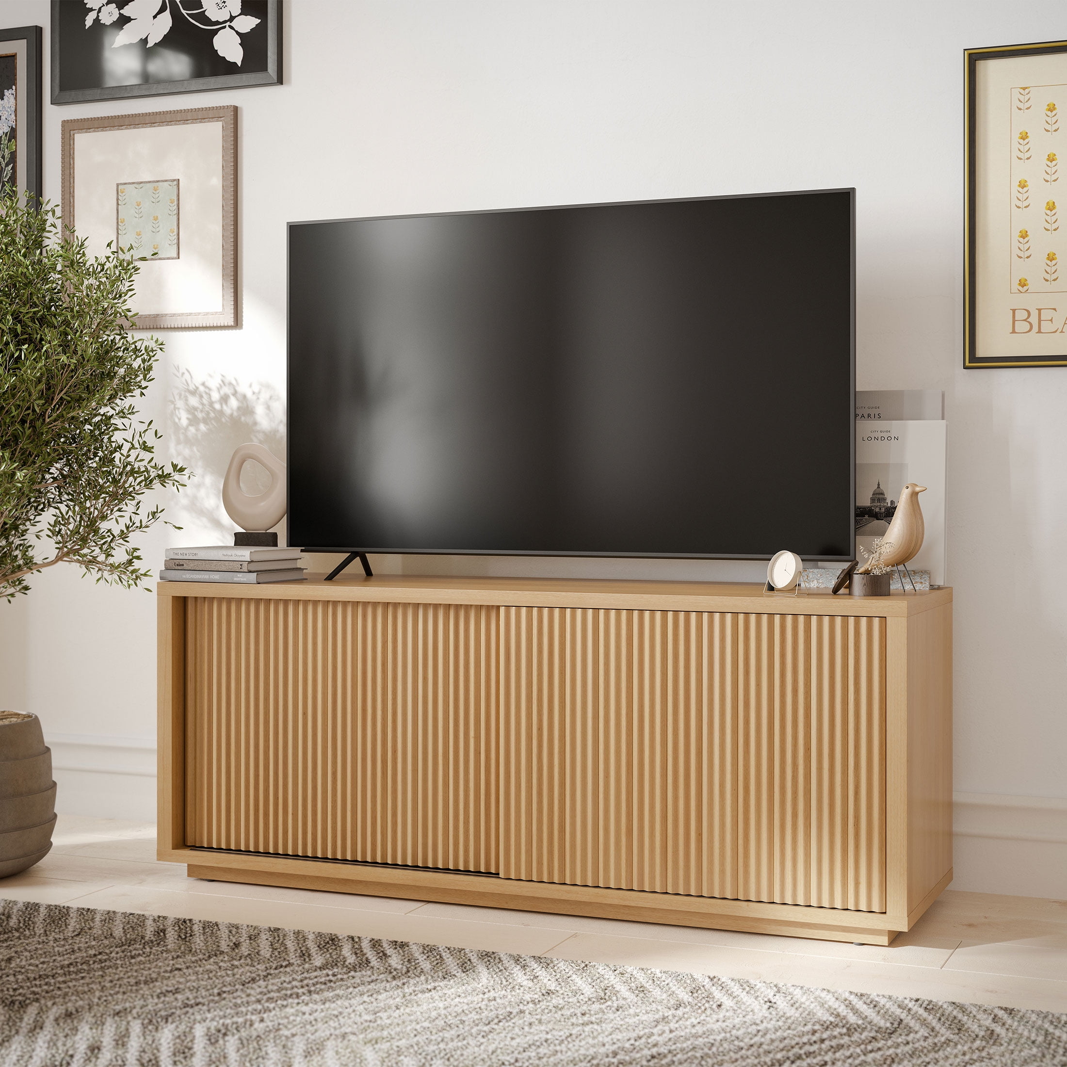 Fluted TV Stand for TV’s up to 70” by Drew , Warm Honey Finish