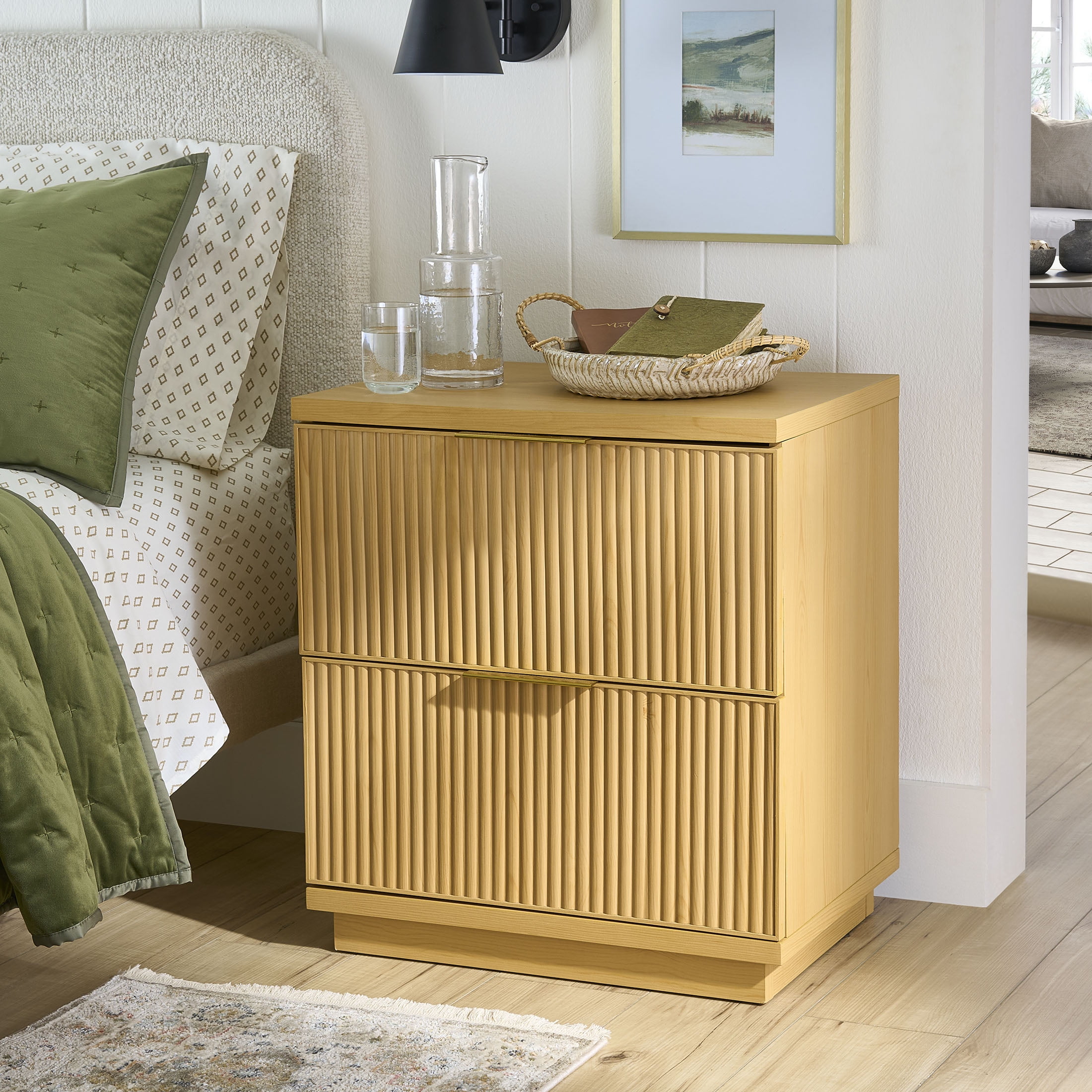 Lillian Fluted 2-Drawer Nightstand with USB, Natural Pine