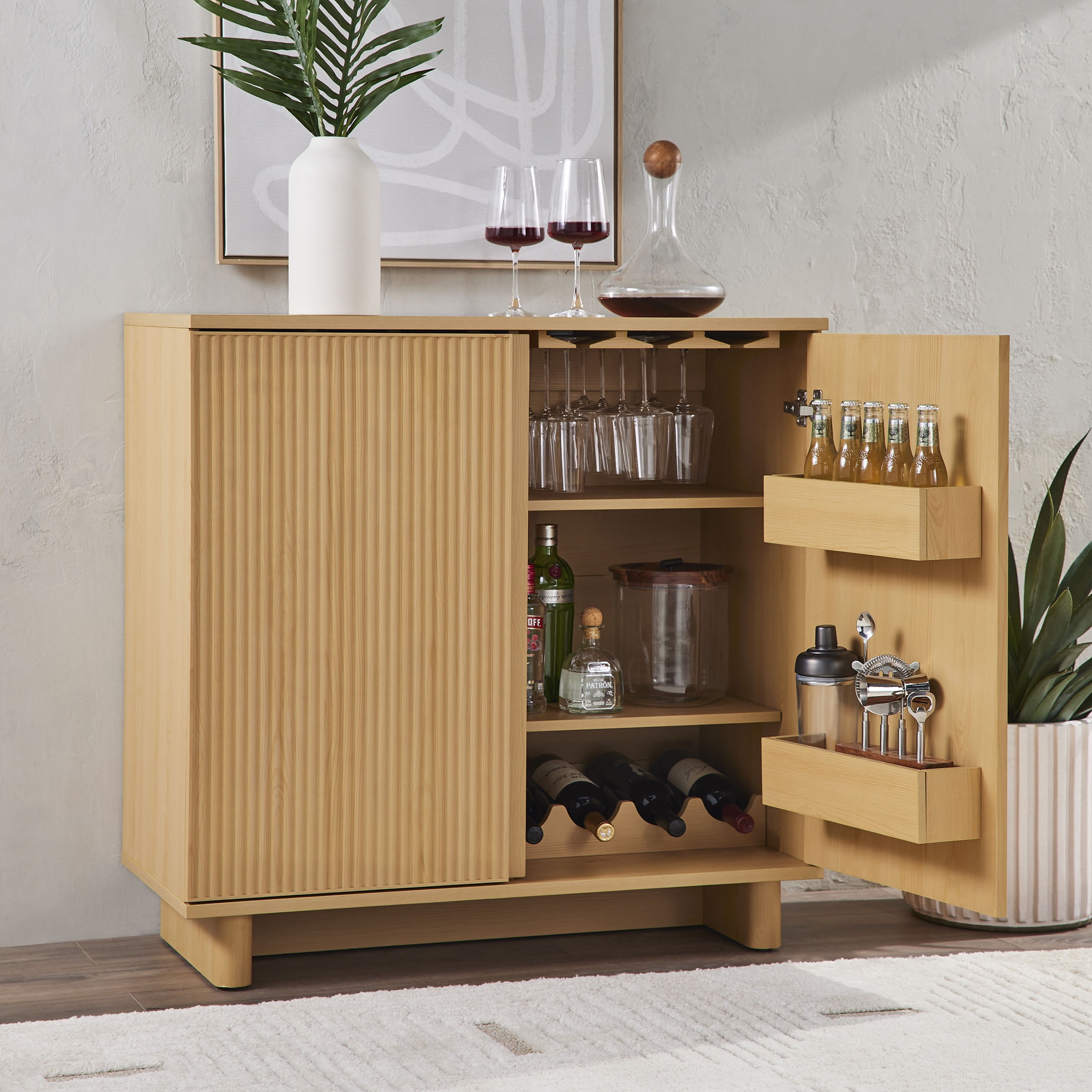 Lillian Fluted Bar Cabinet, Natural Pine Finish