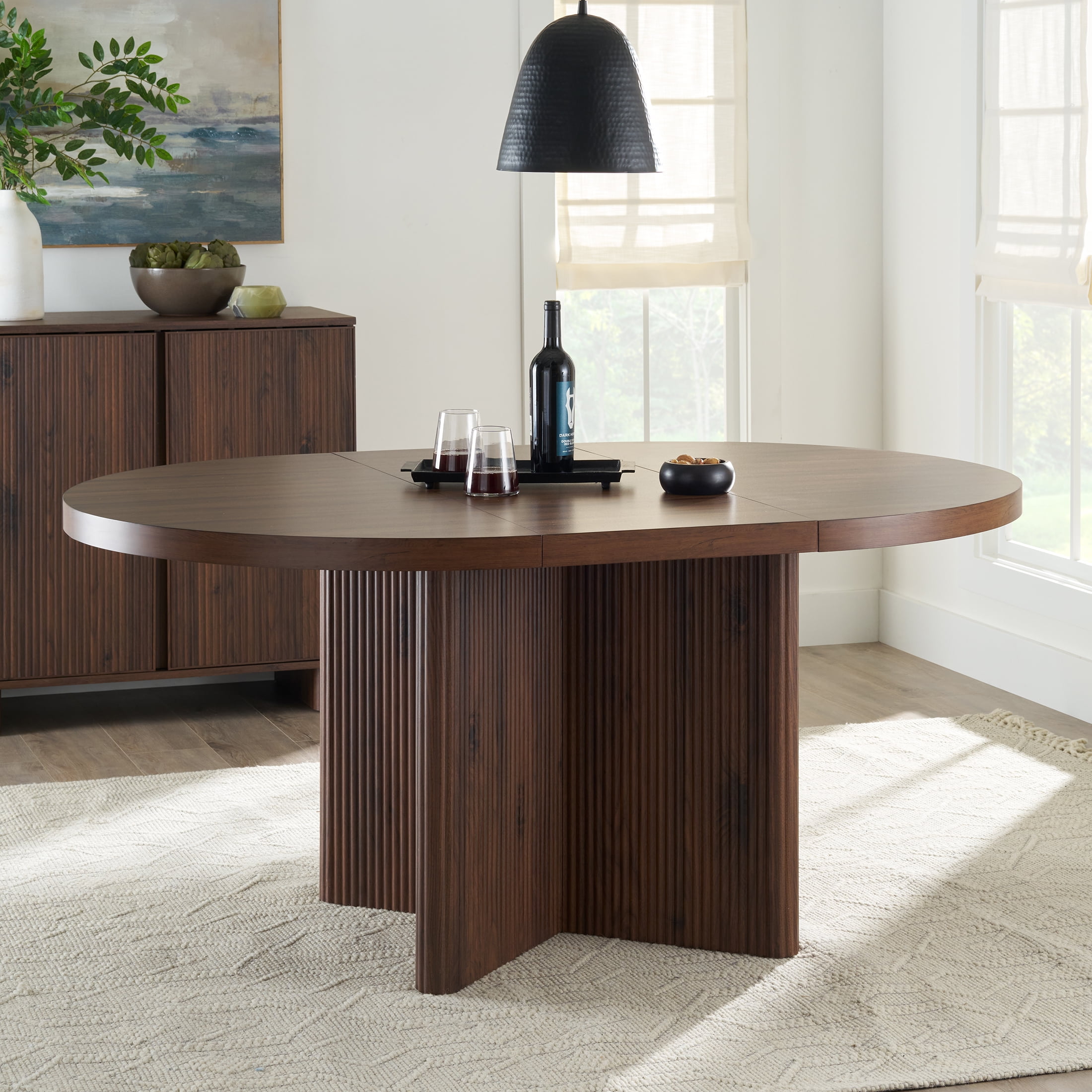 Lillian Fluted Round Expandable Dining Table, Walnut Finish