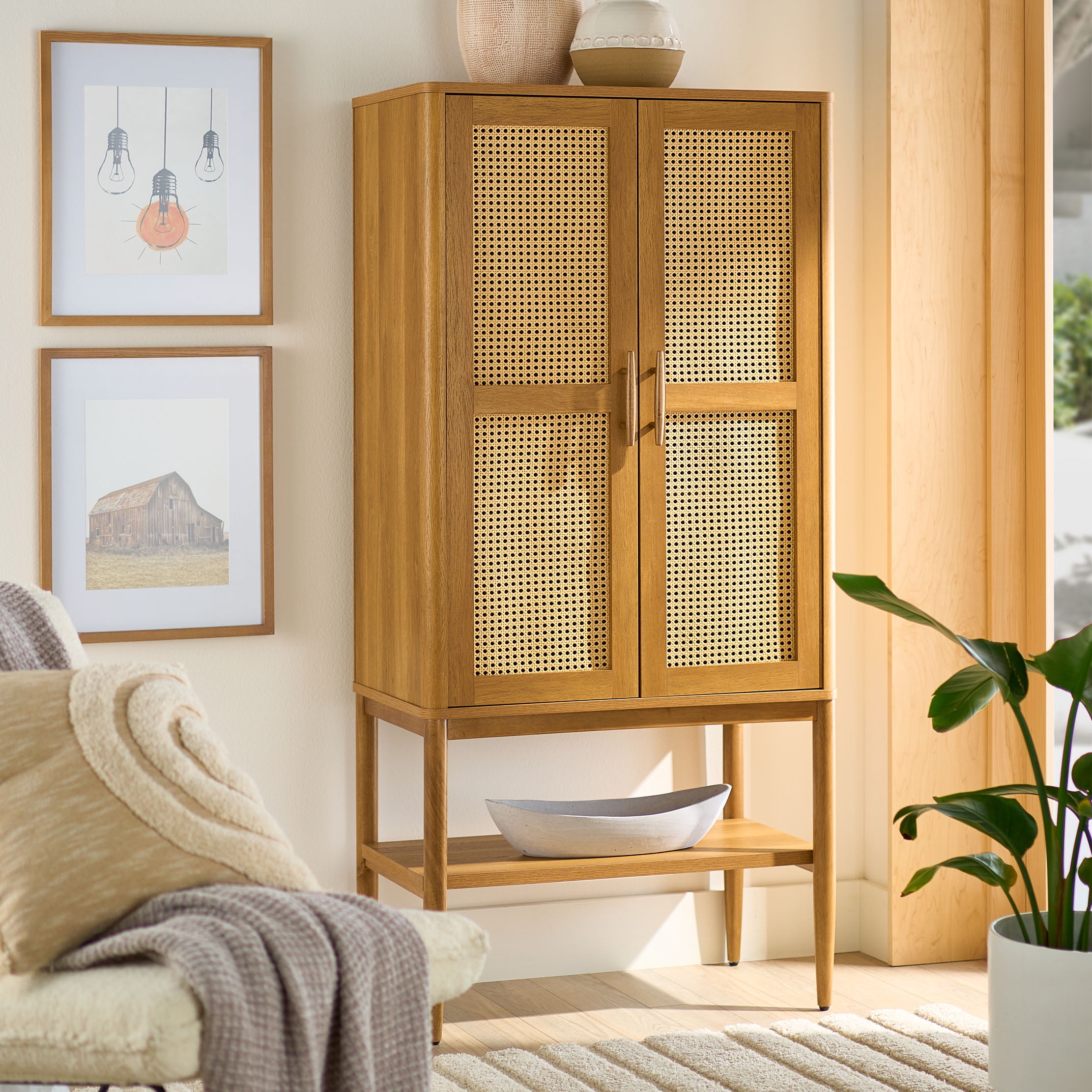 Caning Storage Cabinet, Light Honey Finish